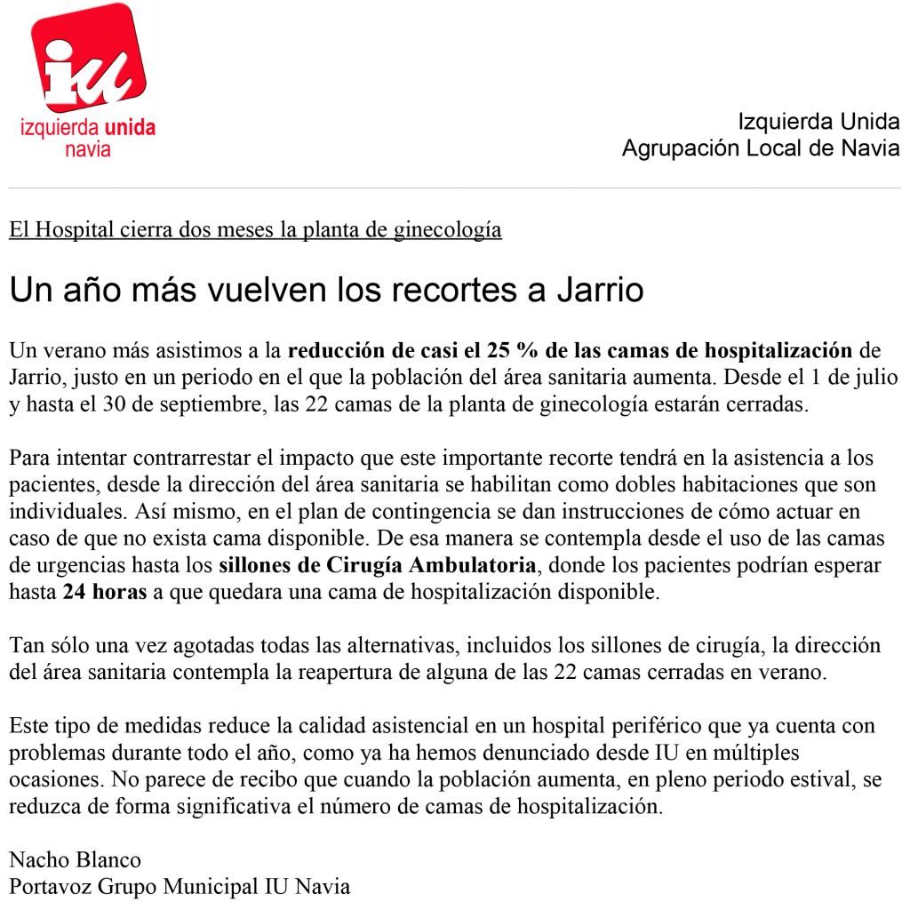 IU de Navia denuncia cómo "un año más vuelven los recortes a Jarrio"